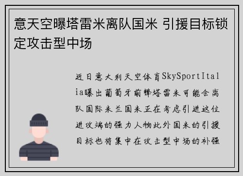 意天空曝塔雷米离队国米 引援目标锁定攻击型中场 意天空曝塔雷米离队国米 引援目标锁定攻击型中场