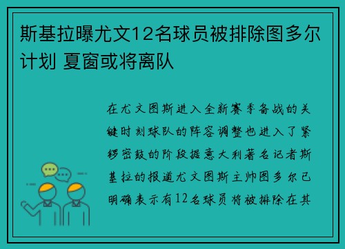 斯基拉曝尤文12名球员被排除图多尔计划 夏窗或将离队 斯基拉曝尤文12名球员被排除图多尔计划 夏窗或将离队