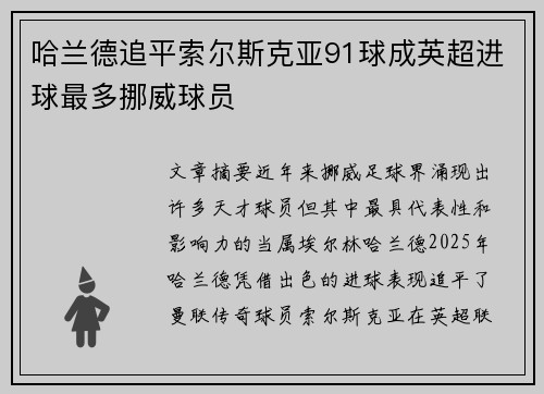 哈兰德追平索尔斯克亚91球成英超进球最多挪威球员 哈兰德追平索尔斯克亚91球成英超进球最多挪威球员