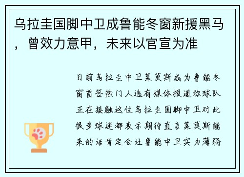 乌拉圭国脚中卫成鲁能冬窗新援黑马，曾效力意甲，未来以官宣为准